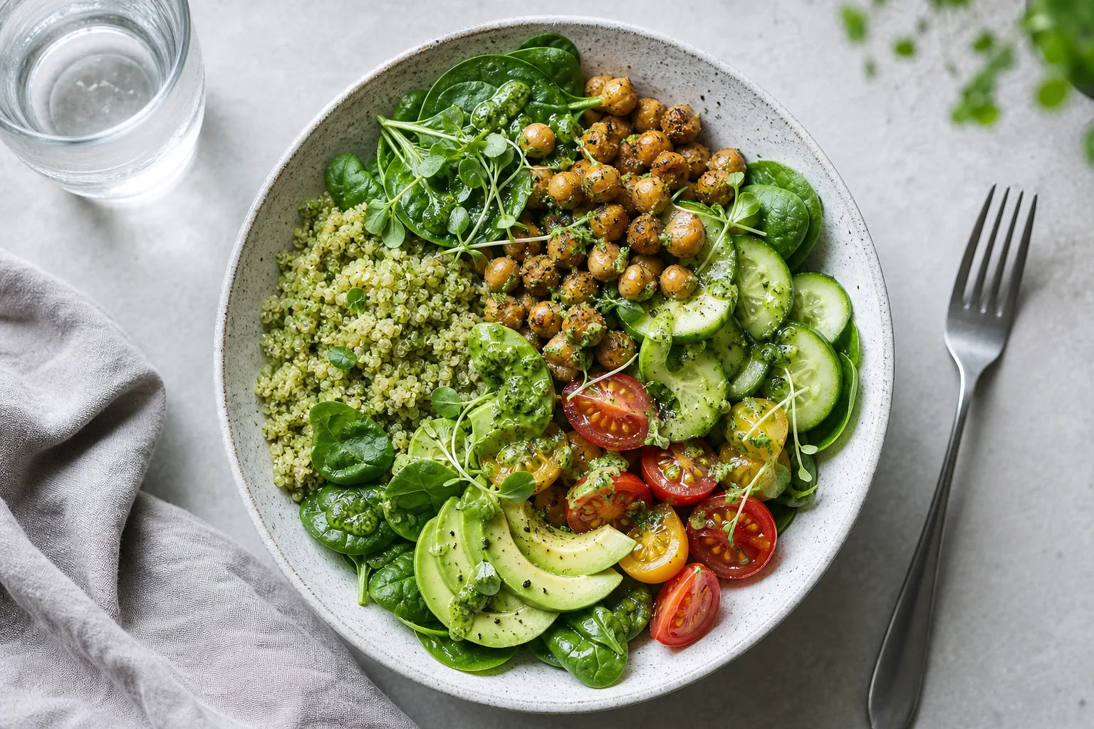 Skål med quinoa, grønt og kikærter
